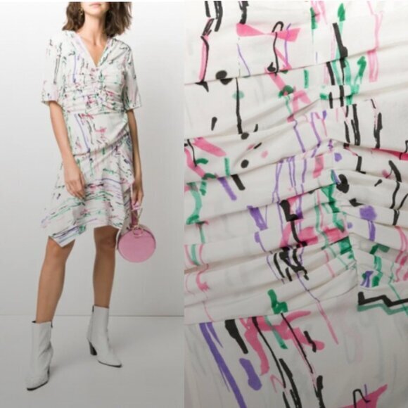 NWT Isabel Marant Dress Arodie Robe Ruffle Mini in Ecru Splattered